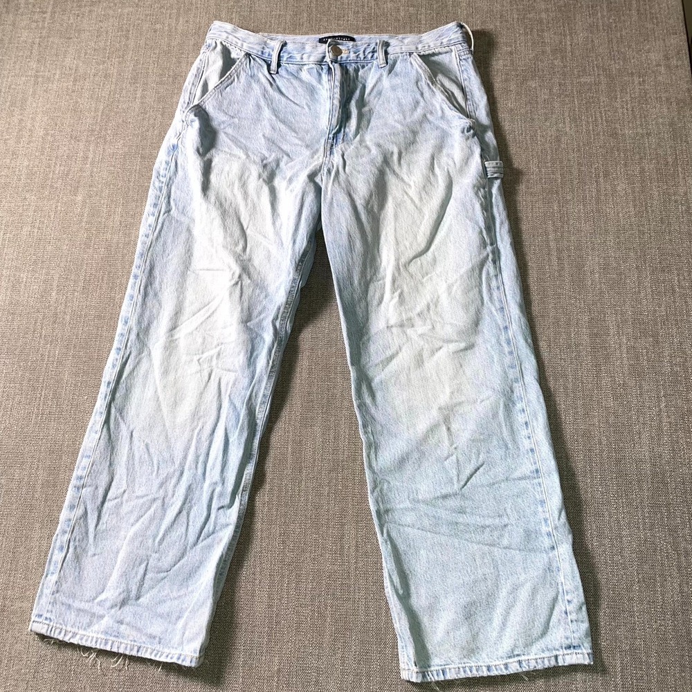 Aeropostale High Rise Baggy Jeans Women 14 Blue Whisker Denim Cotton Hammer Loop
